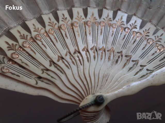 Антикварно дамско ветрило от кост и коприна 19 век, снимка 4 - Антикварни и старинни предмети - 51132115