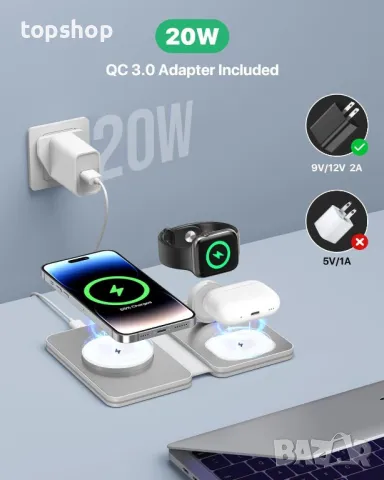Сгъваема безжична зарядна станция, 3 в 1 съвместима с iPhone, iWatch и AirPods, снимка 5 - Безжични зарядни - 50355207
