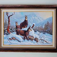Зимен планински пейзаж с диви кози, картина за ловци, снимка 1 - Картини - 45342349