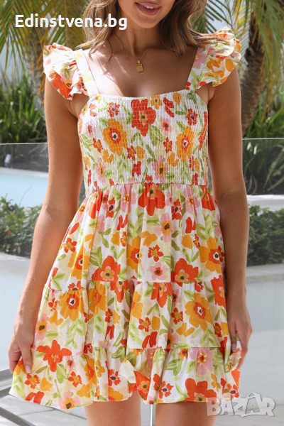 Дамска къса рокля с флорален принт, 100% памук, снимка 1