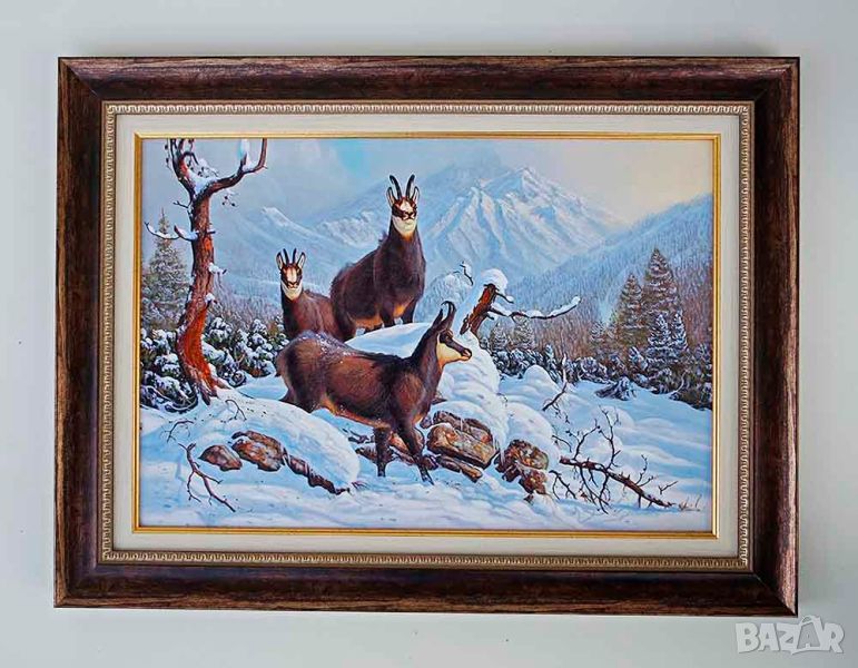 Зимен планински пейзаж с диви кози, картина за ловци, снимка 1