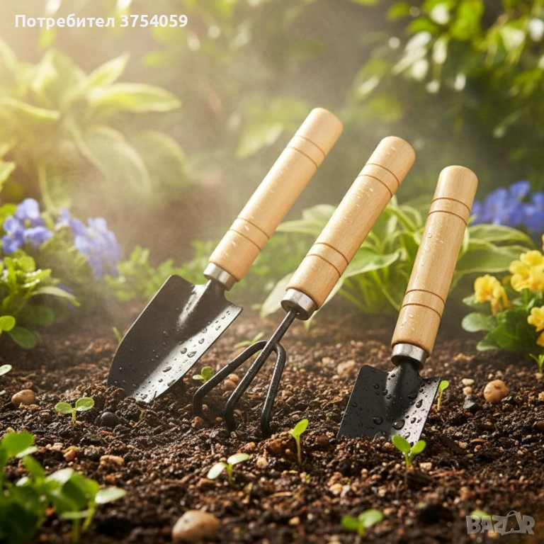 Комплект мини градински инструменти с дървени дръжки – 3 части, снимка 1