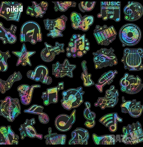 50 бр Музика Музикални холограмни самозалепващи лепенки стикери за украса декор картонена торта и др, снимка 2 - Други - 51322197