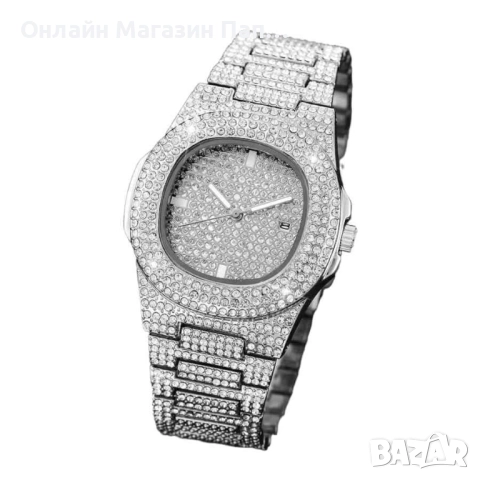 Луксозен мъжки кварцов часовник – Стоманен спортен модел със синтетични диаманти и календар, снимка 3 - Мъжки - 52348079