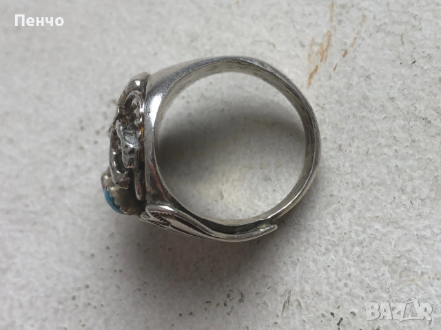 стар дизайнерски сребърен пръстен с тюркоаз и корал, снимка 8 - Антикварни и старинни предмети - 53653775