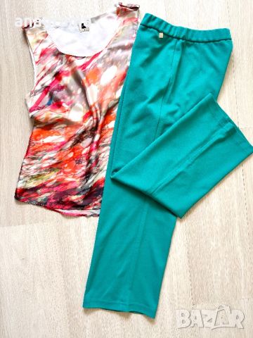 Сет зелен панталон с широки крачоли и цветен потник/топ С размер, снимка 1 - Панталони - 45920322