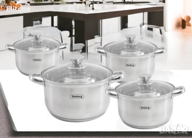 Комплект тенджери Rosberg 16/18/20/24см. - 1.8/2.5/3.4/5.8л., Неръжд. стомана, снимка 4 - Съдове за готвене - 52672413