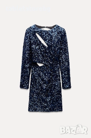 Впечатляваща парти рокля Zara с пайетки –синя, размер М,нова с етикет!, снимка 4 - Рокли - 52348699