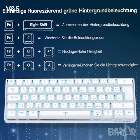  Геймърска клавиатура TMKB60 процента, ултракомпактна LED подсветка, 68 клавиша, механична клавиатур, снимка 4 - Геймърски - 48170189