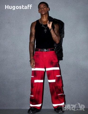 Нови baggy Casual Loose Fit Jeans дънки панталони карго  тъмно червени пожарникари размер 34, снимка 5 - Дънки - 52512547