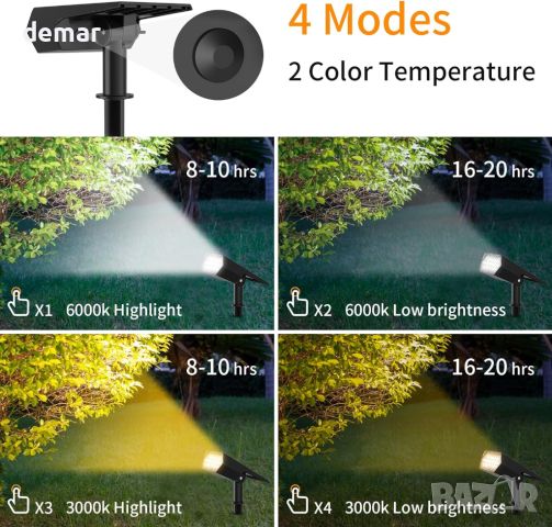 2 броя соларни градински прожектори, 2 цветови температури, 4 режима IP65, снимка 3 - Соларни лампи - 45902096