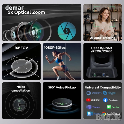 TONGVEO AI PTZ Автоматично проследяваща камера с Bluetooth микрофон, снимка 6 - Други - 54014049