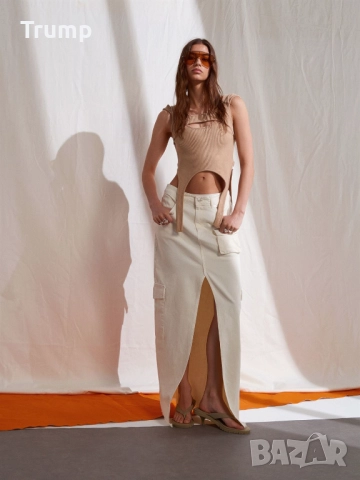 Дълга пола с карго джоб в нежно Екрю, снимка 2 - Поли - 51529521