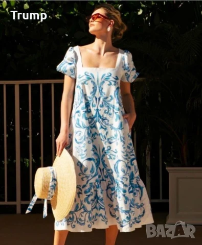 - 50 % елегантна рокля с интересен .ръкав, сини орнаменти, цвят бял, снимка 1