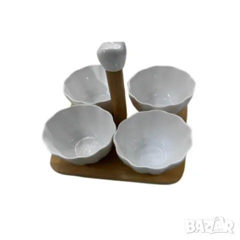 Елегантен комплект от 4 керамични купички с дървена стойка