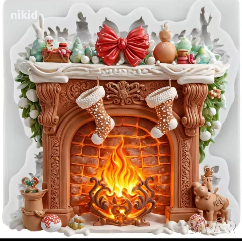 Коледна камина с огън декорирана силиконов молд форма фондан шоколад гипс