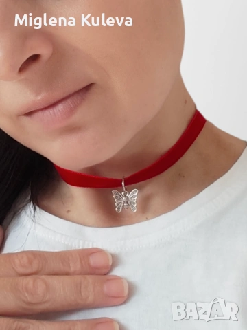 Виненочервено елегантно чокърче с пеперуда 