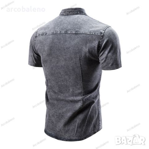 Нова мъжка едноцветна дънкова риза с джобове и къс ръкав, 4цвята , снимка 4 - Ризи - 46446257