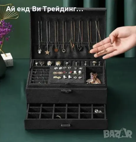 Елегантна черна кутия за бижута с ключ, снимка 3 - Бижутерийни комплекти - 50272927