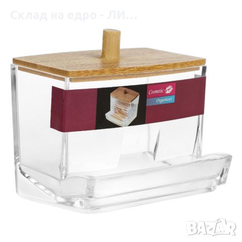 Кутия за съхранение на клечки за уши Liberta, Бамбуков капак, Прозрачен, 9 x 7 x 7 см, снимка 3 - Други - 45698091