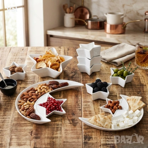 Луксозен комплект плата и купички във формата на Полумесец и Звезда - 9 части, бял порцелан, снимка 7 - Сервизи - 53929871