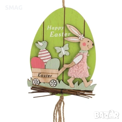 Великденско декоративно висящо дървено яйце в мента с зайчета и яйца, 55 см_1248340