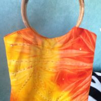 Лятна чантичка Saison seche дървени дръжки текстил оранжево жълто, снимка 5 - Чанти - 45745699