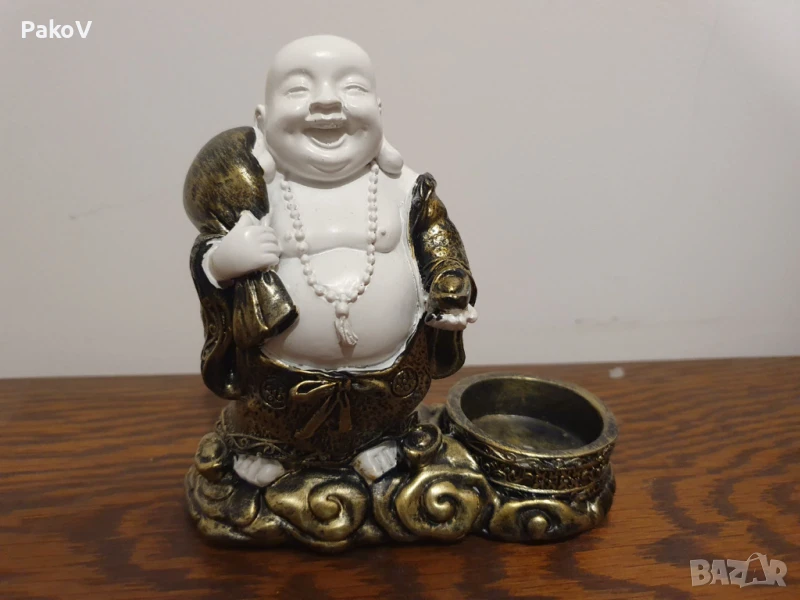  Статуетка на щастливия Буда с поставка за чаена свещ, снимка 1