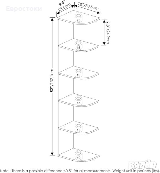 Furinno Pasir 5-етажна ъглова библиотека с отворен рафт, френски дъб, снимка 1