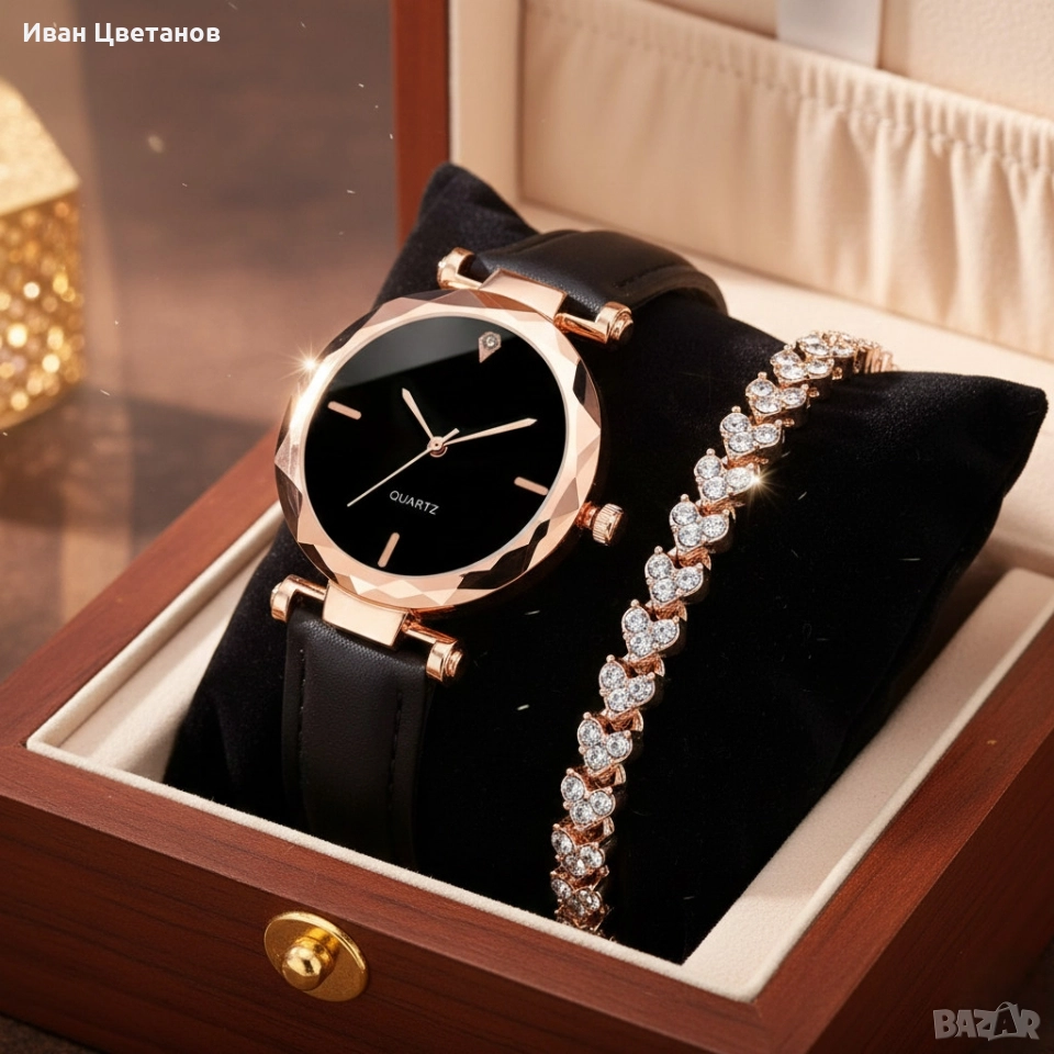 Елегантен дамски комплект часовник и гривна с розово злато, снимка 1