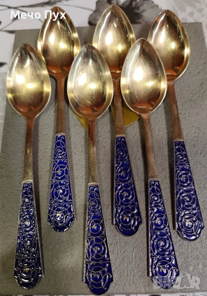 Стари сребърни лъжички с позлата и емайл, снимка 1