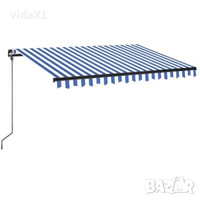 vidaXL Ръчно прибиращ се сенник с LED, 350x250 см, синьо и бяло(SKU:3069081, снимка 1