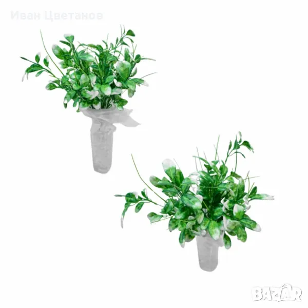  Изкуствена аранжировка от зелени клонки с бели акценти – Стилна нотка свежест за интериора, снимка 1