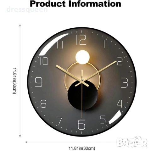 4442 Безшумен стенен часовник "Total Black" – черен циферблат и елегантен корпус, снимка 5 - Стенни часовници - 54068990