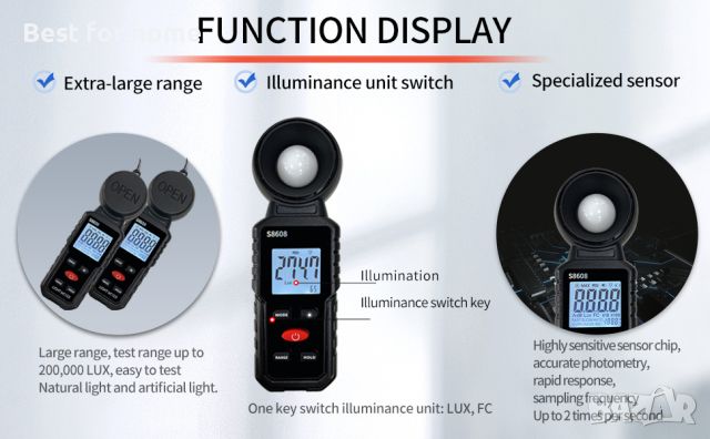Цифров измервател на осветеността Светломер 20Lux до 200 000Lux, снимка 6 - Други инструменти - 46553093