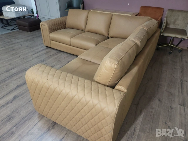 Светло кафяв кожен ъглов диван, снимка 7 - Дивани и мека мебел - 53833466