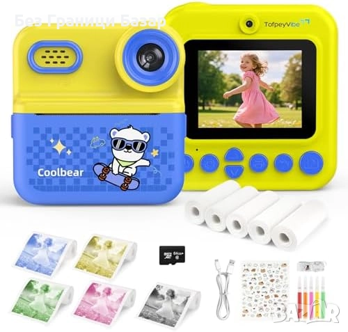 Нова Детска камера с моментален печат, 48MP, 64GB, филтри и рамки деца