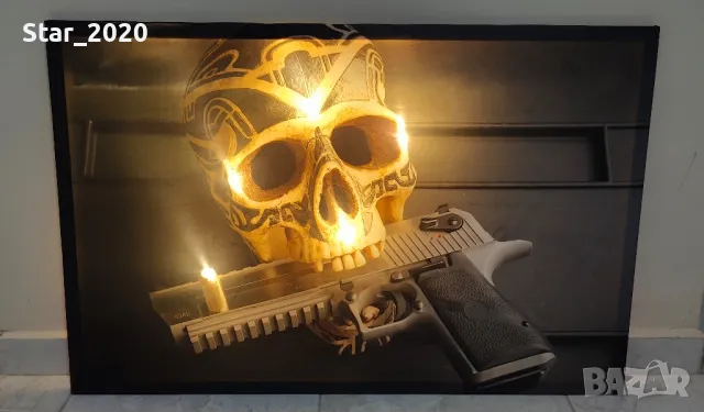 Светеща картина с LED осветление - череп с пистолет, снимка 2 - Картини - 49690600