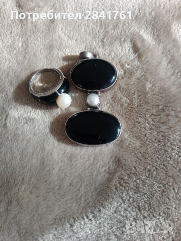 Сребърен комплект пръстен и висулка с перла и оникс, снимка 3 - Бижутерийни комплекти - 46062453