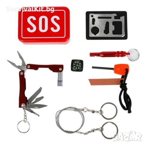 Мини комплект за оцеляване "SOS" в метална кутия, снимка 3 - Екипировка - 52476875