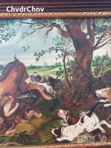 Много стара ловна картина масло върху платно, репродукция/копие на Deer Hunt (Frans Snyders) 82х50, снимка 3 - Картини - 46813480