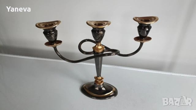 Vintage , метален, немски свещник (канделабър) с три рамена ,  в комбинация от черен и златист цвят, снимка 4 - Декорация за дома - 53904902