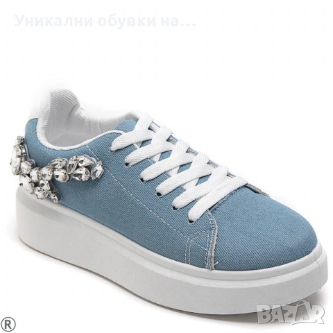 Дънкови дамски кецове с камъни- Rene Blue 11125