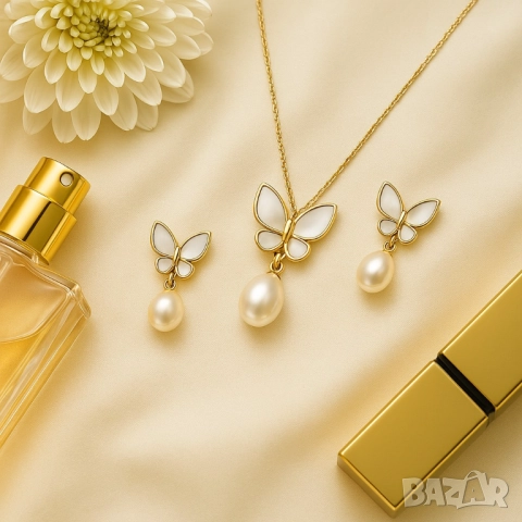 Стилен комплект бижута - Колие и обеци с пеперуди и перлен акцент, снимка 6 - Бижутерийни комплекти - 51926473