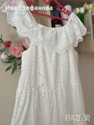 Бяла нова разкошна дълга дантелена елегантна кукленска ажурна рокля ажур 100 % памук памучна, снимка 4 - Рокли - 46405363