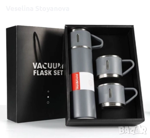 Подаръчен комплект термос с 3 чаши, зелен, розов, сив, снимка 6 - Чаши - 52589836