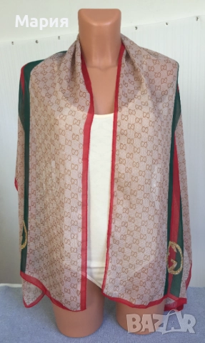 Нов Дамски Шал Gucci Прозрачен Лого Гучи Бежов Червен Зелен, снимка 8 - Шалове - 51826454