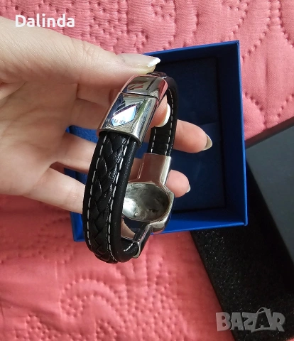 Мъжка гривна от естествена кожа, сребро и стомана. , снимка 8 - Гривни - 53443523