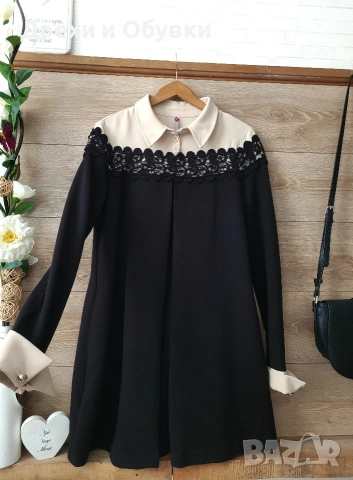 Елегантна рокля с дантела и джобове черно и бежово , снимка 6 - Рокли - 51863448
