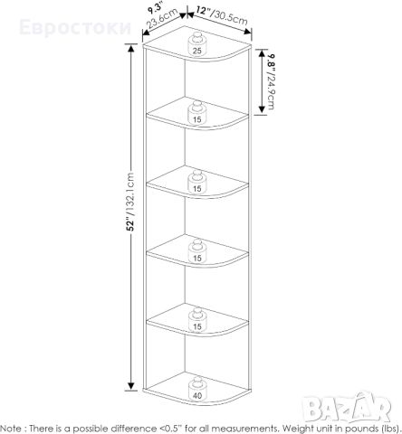 Furinno Pasir 5-етажна ъглова библиотека с отворен рафт, френски дъб, снимка 1 - Етажерки - 46749440